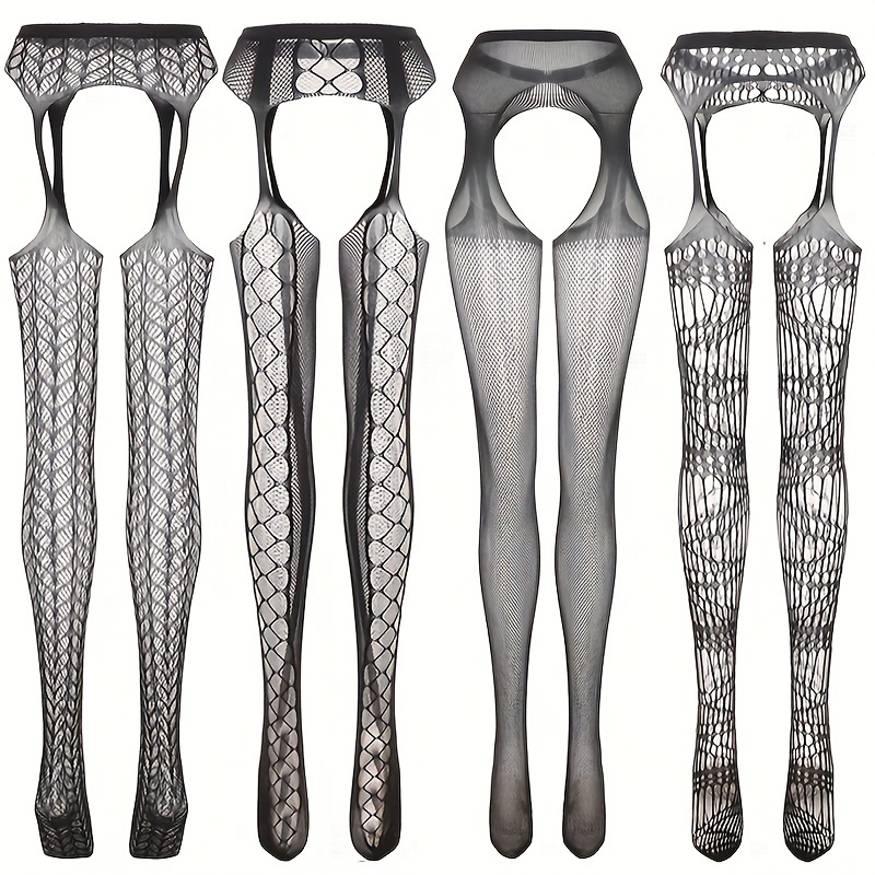 

4pcs Women's Fashion - Geometric Pattern, Hollow-out Design With Suspender Detail, Nylon & Elastane Blend, Hand Washable