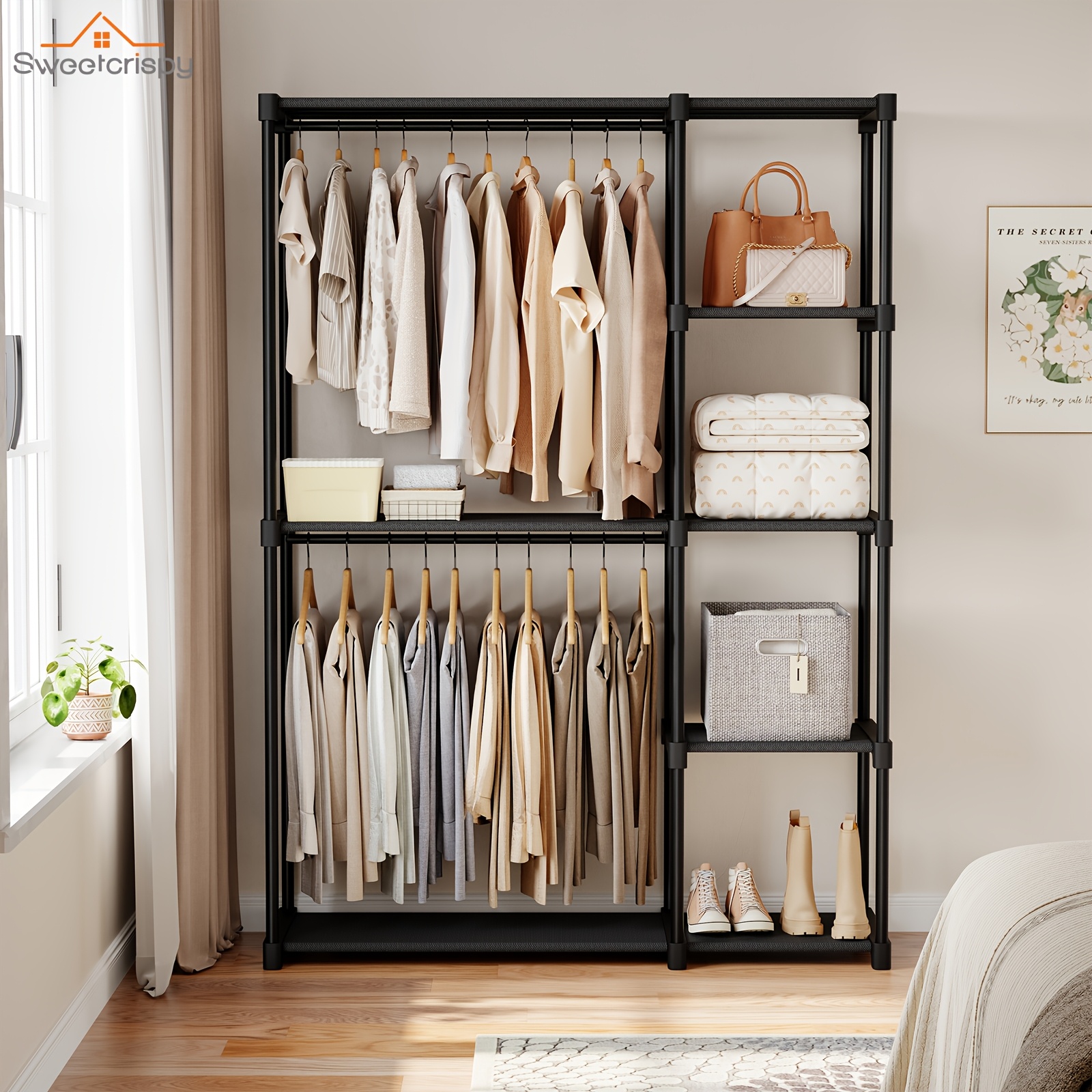 49 44in wardrobe cabinet movable   for hanging apparel independent closet with 4 level shelving closet organizers and storage unit for dressing room bedroom