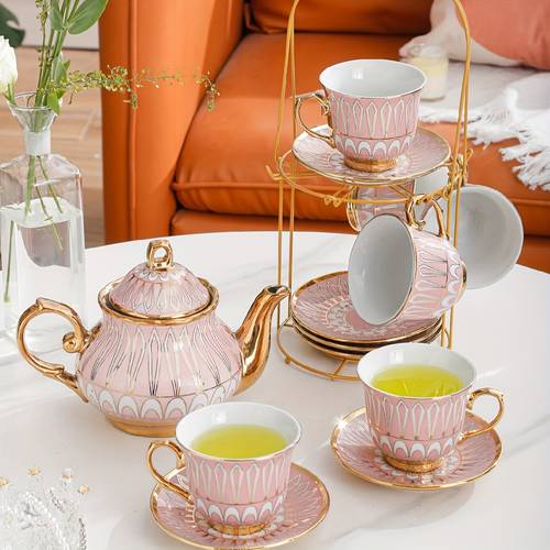1set, Luxury Nordic Ceramic Coffee Set, European Style, Teapot, Cups & Saucers With Gold Iron Stand, Porcelain, Suitable For Restaurant, Hotel, Family Gathering, Theme Party, Wedding, Birthday Party