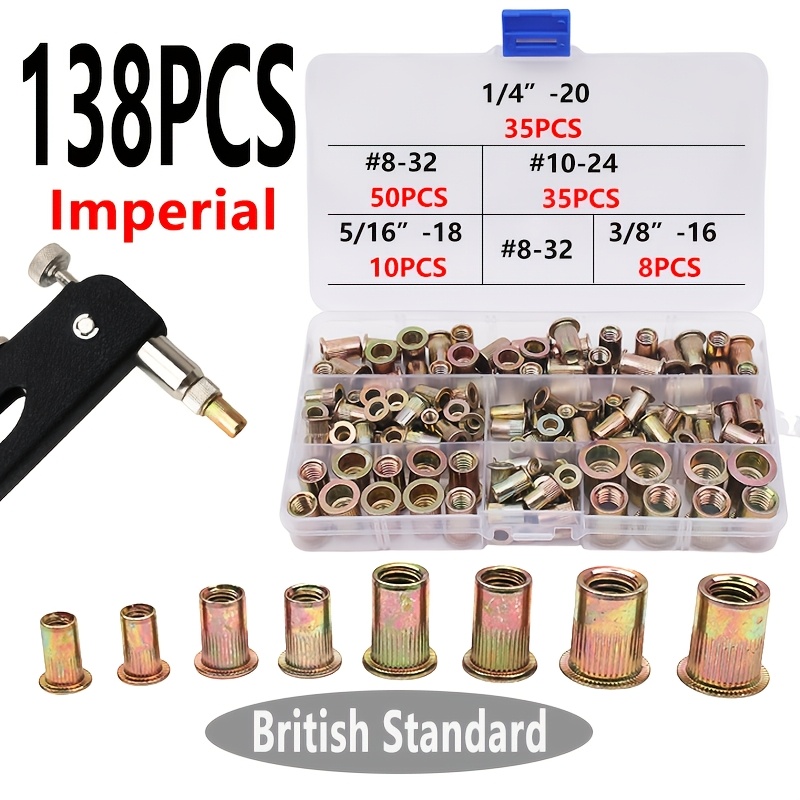 TEMU 138pcs Color Rivet Nut Set, Imperial (1/4, #10-24, #8-32, #3/8-16, 5/16-18) Threaded Rivet Nut For Carbon Steel And Aluminum, Knurled Body,