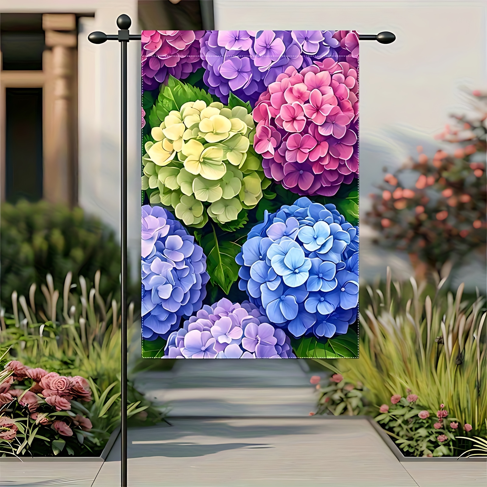 TEMU 1pc Bannière de Hydrangea pour Jardin d'Été - Design Plat, Bannière en Polyester, 12.0X18.0 Pouces, Motif Floral pour Porte d'Entrée, Décoration