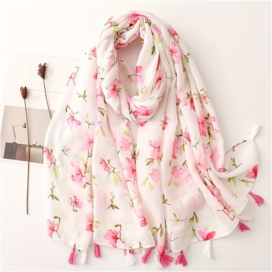 

Pink Floral Tassel Scarf, Fresh Cotton Linen Feel Shawl, Casual Style Lightweight Travel Beach Shawl, Sun Protection Wrap