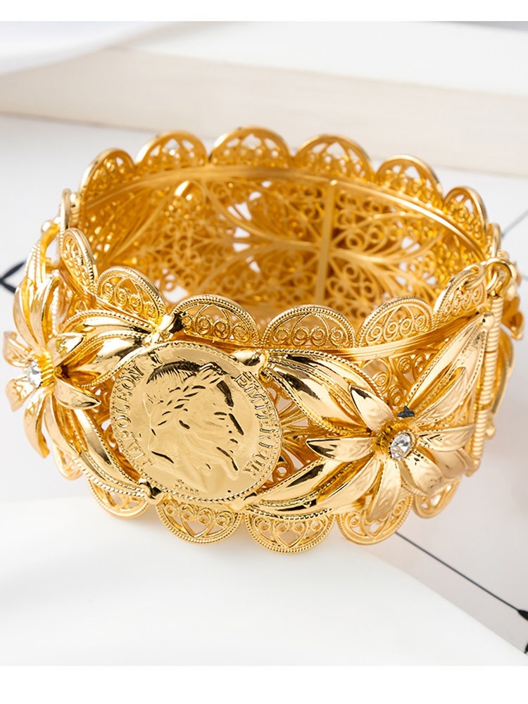 luxurious gold plated bridal bangle with floral coin design elegant zinc alloy womens bracelet for weddings and parties   birthstone details 0