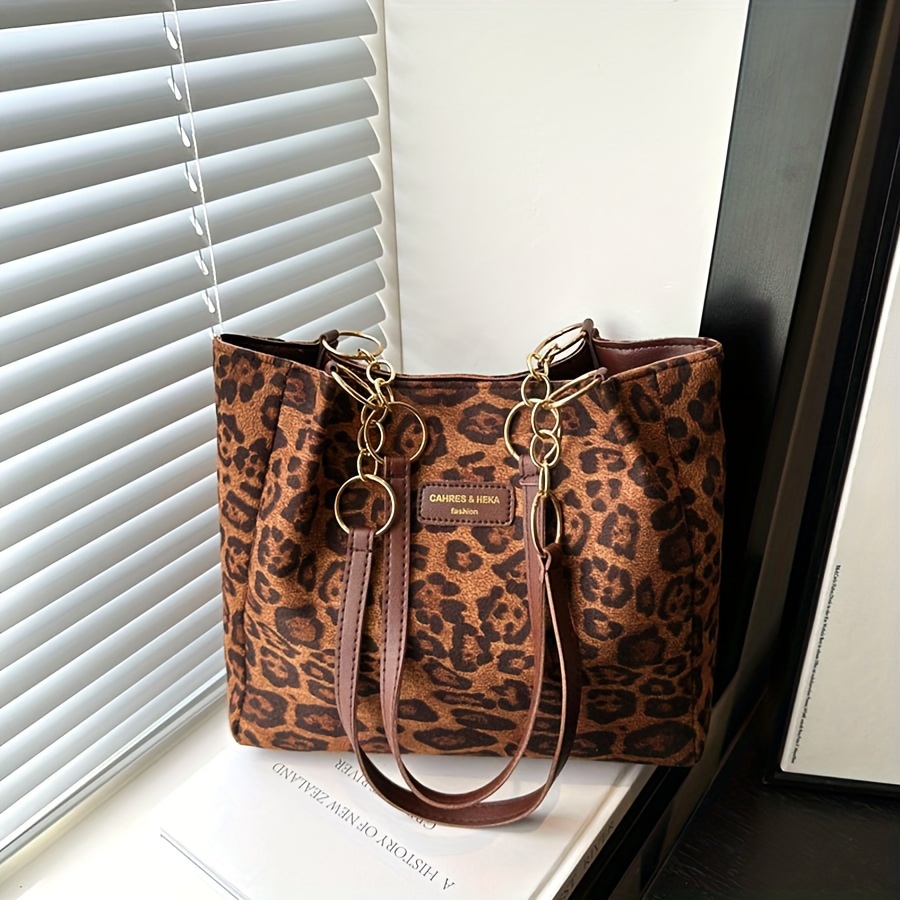 

Vintage Style Leopard Print Tote Bag, Large Capacity Pu Leather Shoulder Bag, Fashionable Crossbody Bag With Zipper Closure, Polyester Lined, With Fixed Straps, For All