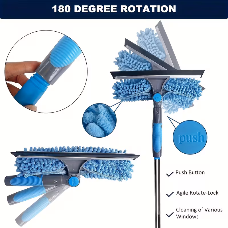 a 2 in 1 high pole window cleaning kit featuring 10 extendable rods reusable microfiber cloths and a squeegee requires no electricity and is machine washable details 3