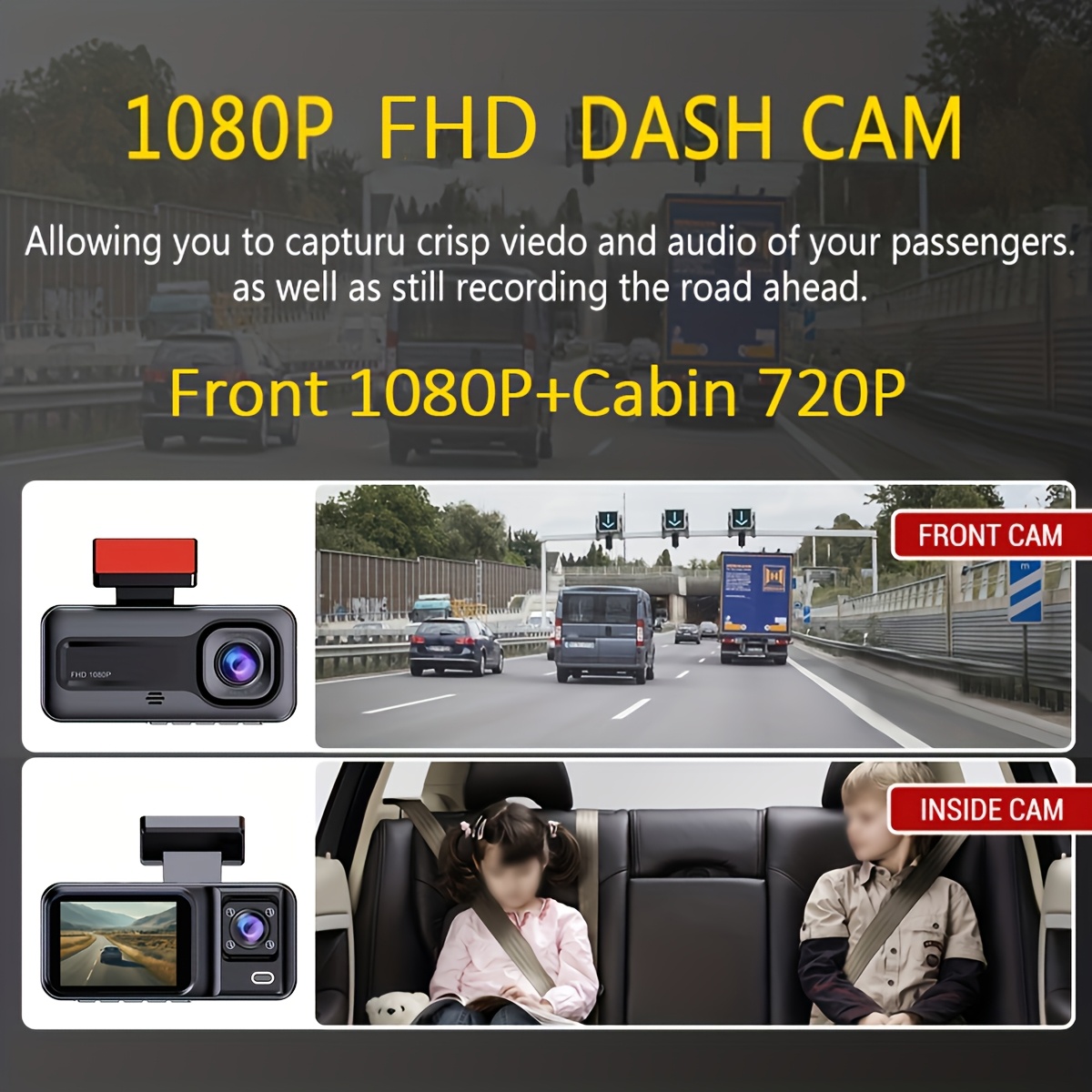 Dual Lens Dash Cam, FHD 1080P Front, 720P Inside, Night Vision, G-Sensor, Loop Recording, Parking Monitor for Car