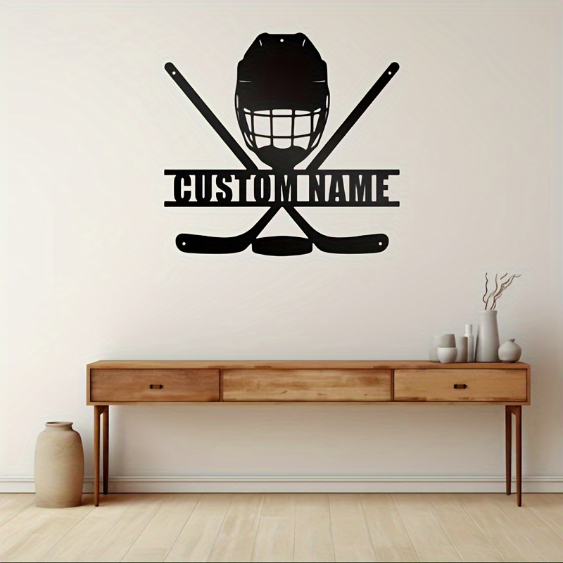 

1pc Modern Style Custom Hockey Player Metal Wall Art - Personalized Name Sign Home Decor For Room - Metal Hockey Stick & Helmet Wall Mural