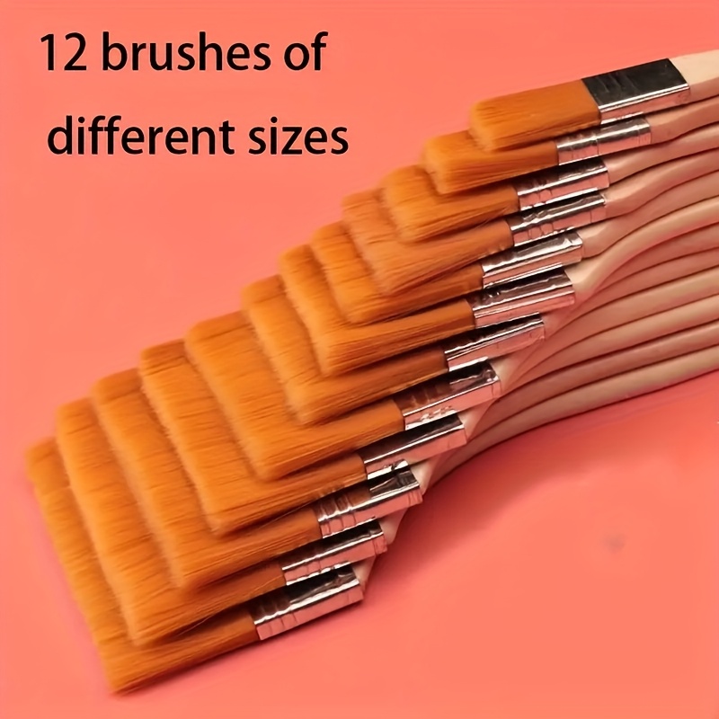 

12pcs Nylon Flat Paint Brush Set, Short Handle Art Brushes For Acrylic, Oil, And Watercolor Painting, Wood Material, Ideal For Textures And Patterns, With Wall Murals And Traditional Chinese Artwork