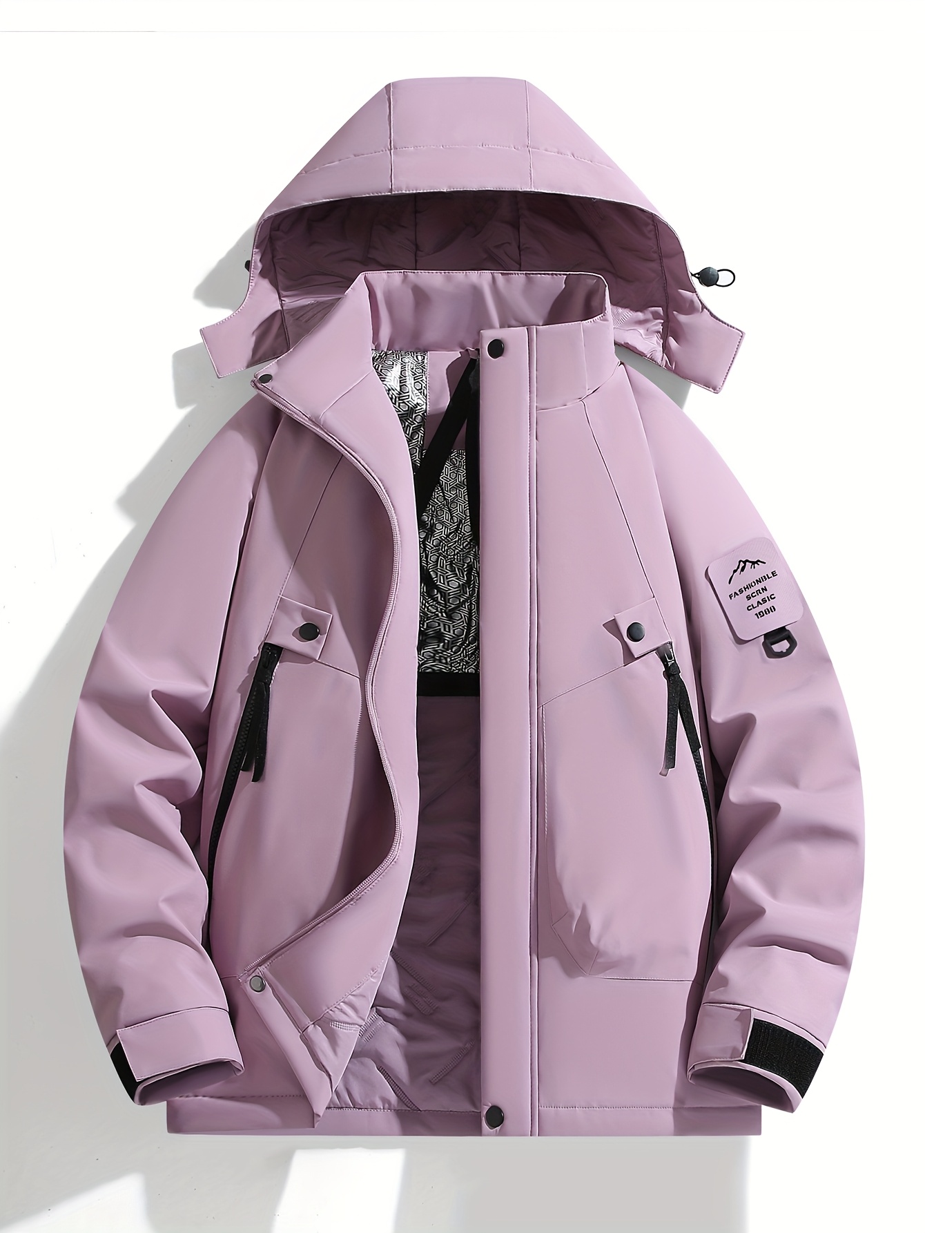 Chamarra de invierno para mujer con capucha, abrigo ligero e impermeable, cierre completo con cremallera, color lavanda para esquiar, senderismo y viajes diarios, tela no elástica lavable a mano, ropa para esquiar, capucha desmontable, bolsillos con cierre - Imagen 4