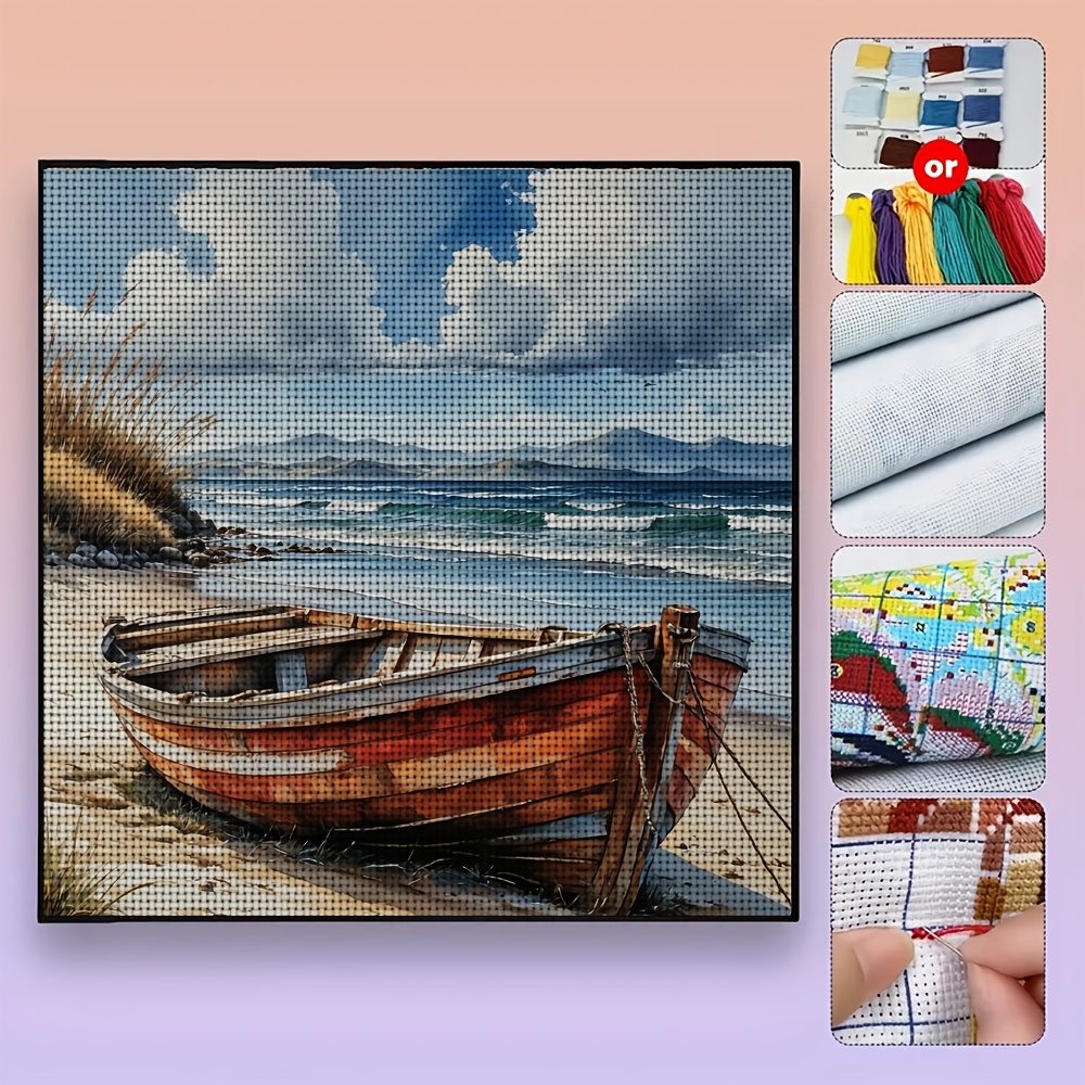 DIY Beach Wooden Boat and Ocean Waves Cross-Stitch Kit