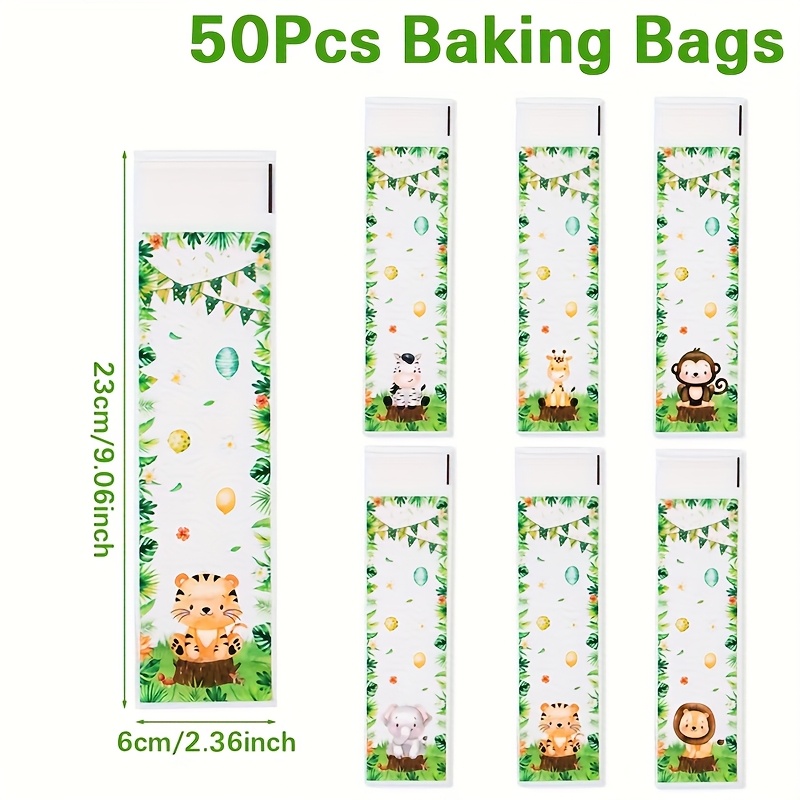 E-shop 50/100 Stück, Geschenktüten mit Dschungeltiermotiv, Tiger Löwen Elefanten Giraffen Muster, Backbeutel Selbstverschließend, Happy Birthday Party