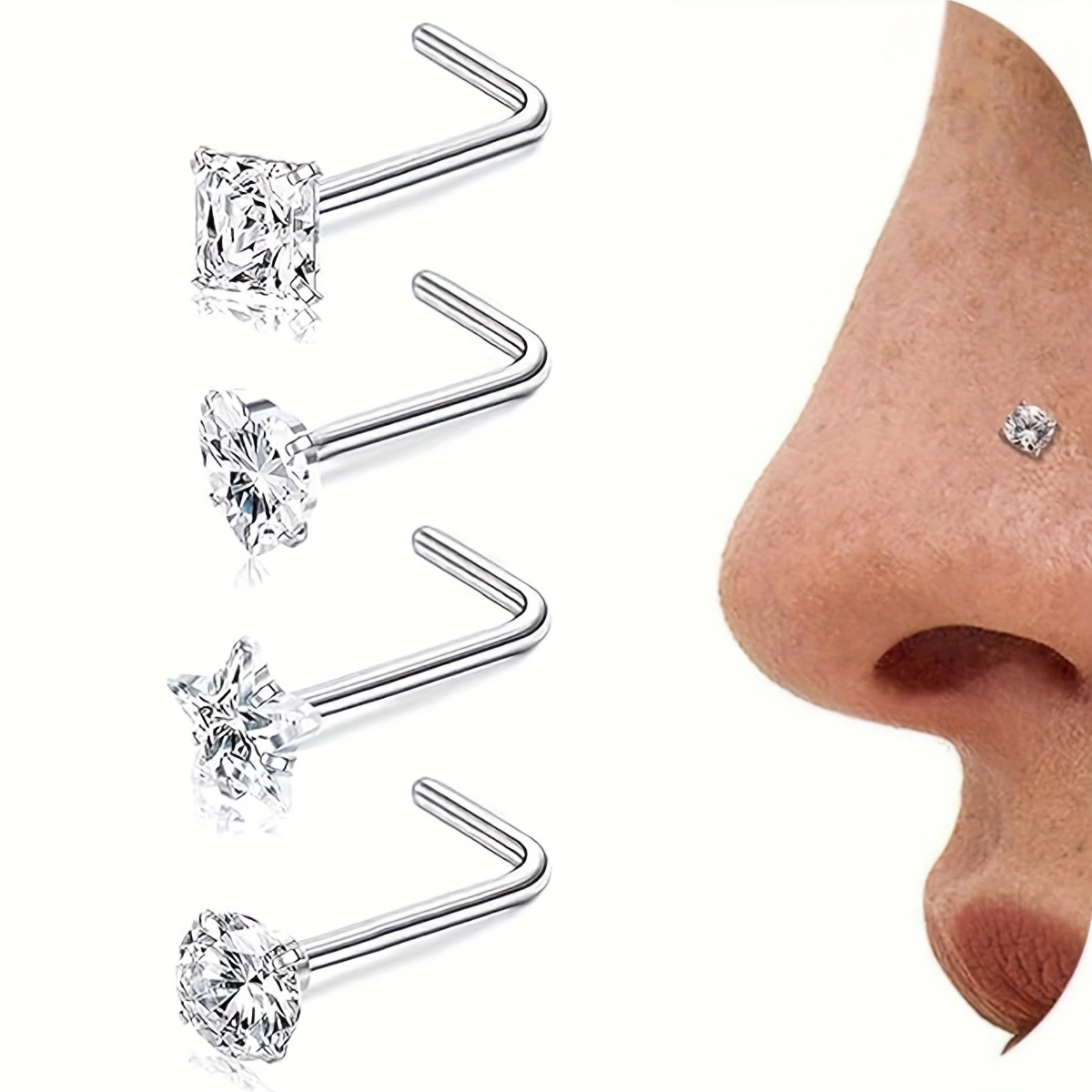 TEMU 4 pezzi 20G Anelli per naso con perno per donna, ipoallergenici, chirurgici 304, in acciaio inossidabile 304, gioielli per piercing , anelli per