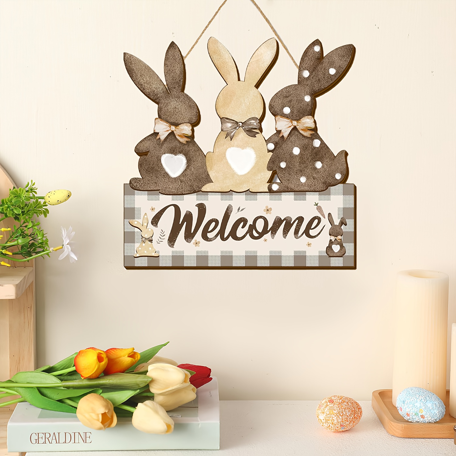 

[home ] Vintage Easter Bunny Welcome Sign - Wooden Hanging Decoration With Floral Rabbit Design For Spring Door Decor, Home Accent