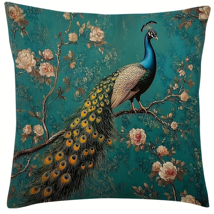 TEMU 2d Flat - 1pc, Teal Floral Peacock Pattern, Single-sided Printed Decorative Cushion Cover, Machine Washable, Zipper Closure, Soft Polyester