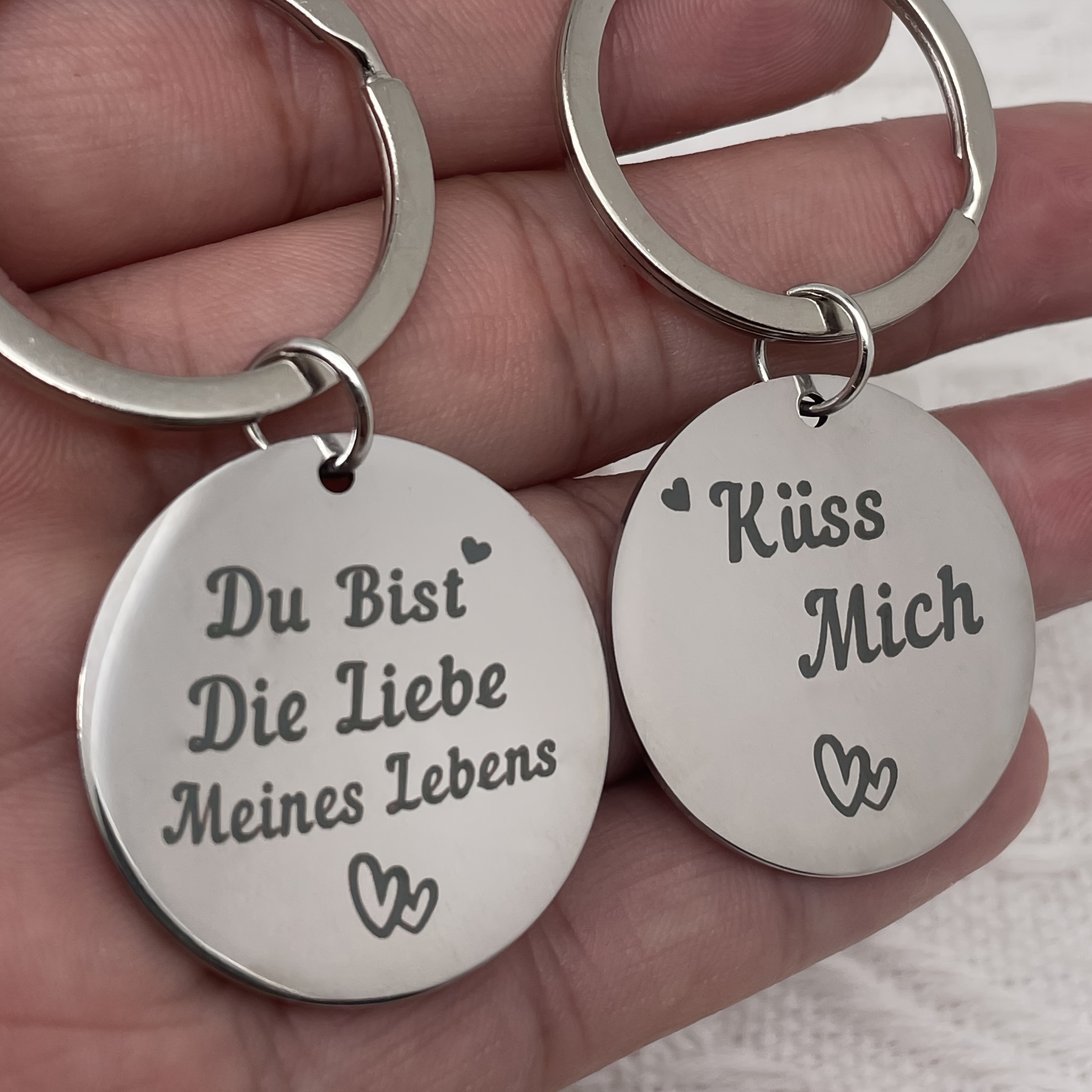 

A Pair Of Couple Keychains, For Couples, Spouses, In German. Valentine's Day.