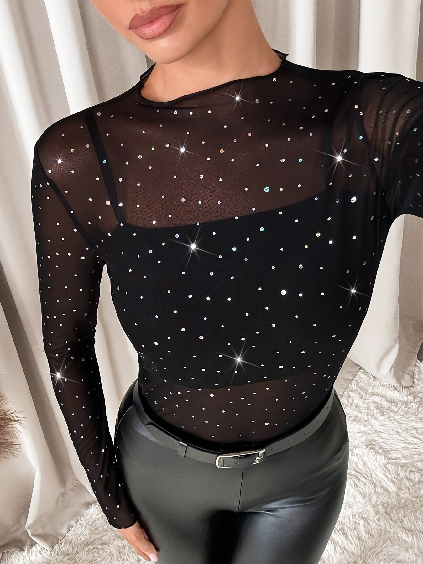 De Malla Transparente Blusa Negra Transparente Con Estrellas