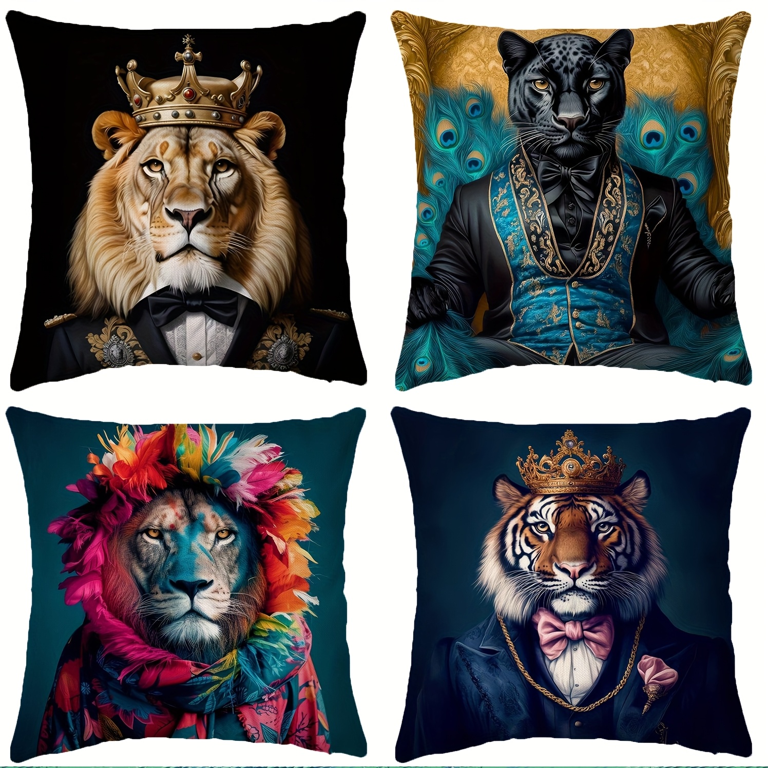 TEMU Lot de 4 housses de coussin à motif guirlande de portraits d'animaux à imprimé léopard de mode européenne, housses de d'oreiller de chevet pour