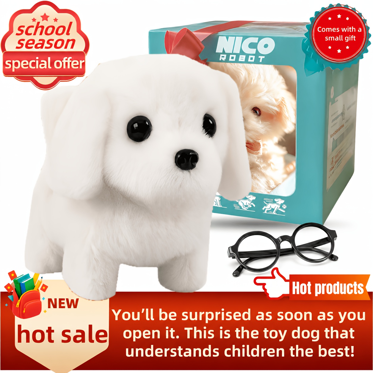 TEMU Gift Box Packaging Interactive Robotic Plush White Labrador Puppy Toy , , Tail Realistic Electronic Pet Dog, Perfect For Kids Birthday,