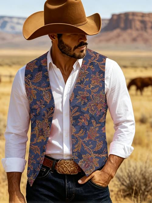 mens western knight style sleeveless jacket casual v neck printed non stretch fabric
