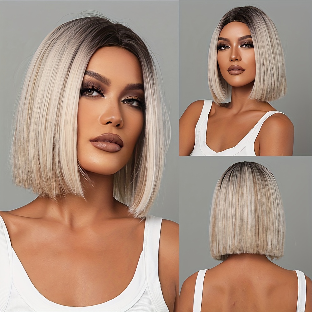 

Bob Wig For Women Short Straight Synthetic Hair With Blonde Highlights Middle Part