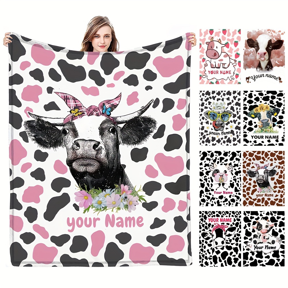 

1pc Your Name Custom Flannel Blanket, Animal Cow Pattern, Gift Square Blanket Soft And Comfortable, Suitable For Adults At Home Picnic Travel