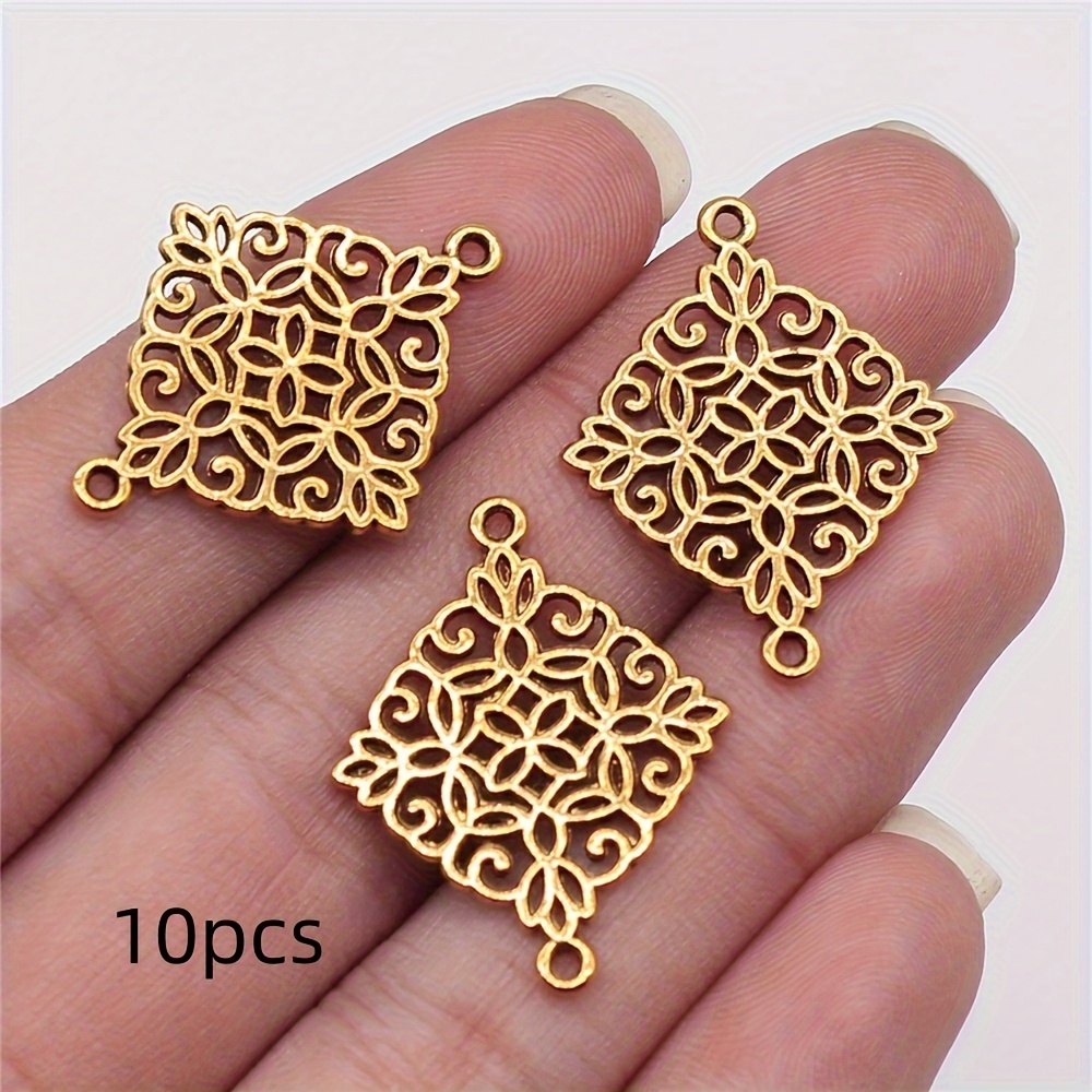 10pcs Hollow Rhombus Flower Charm Earring Connectors, Antique Silvery, Antique Golden, Jewelry Making Additions 22x28mm