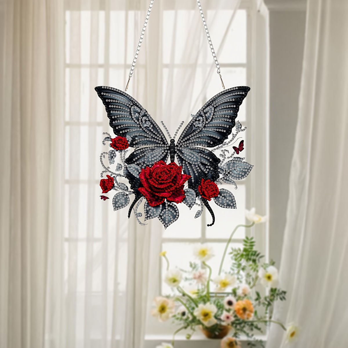 

5d Butterfly And Rose Flower Diamond Painting Kit - Acrylic Mosaic Suncatcher Pendant For Home Decor And Gifts, Insect Theme With Irregular Shaped Diamonds