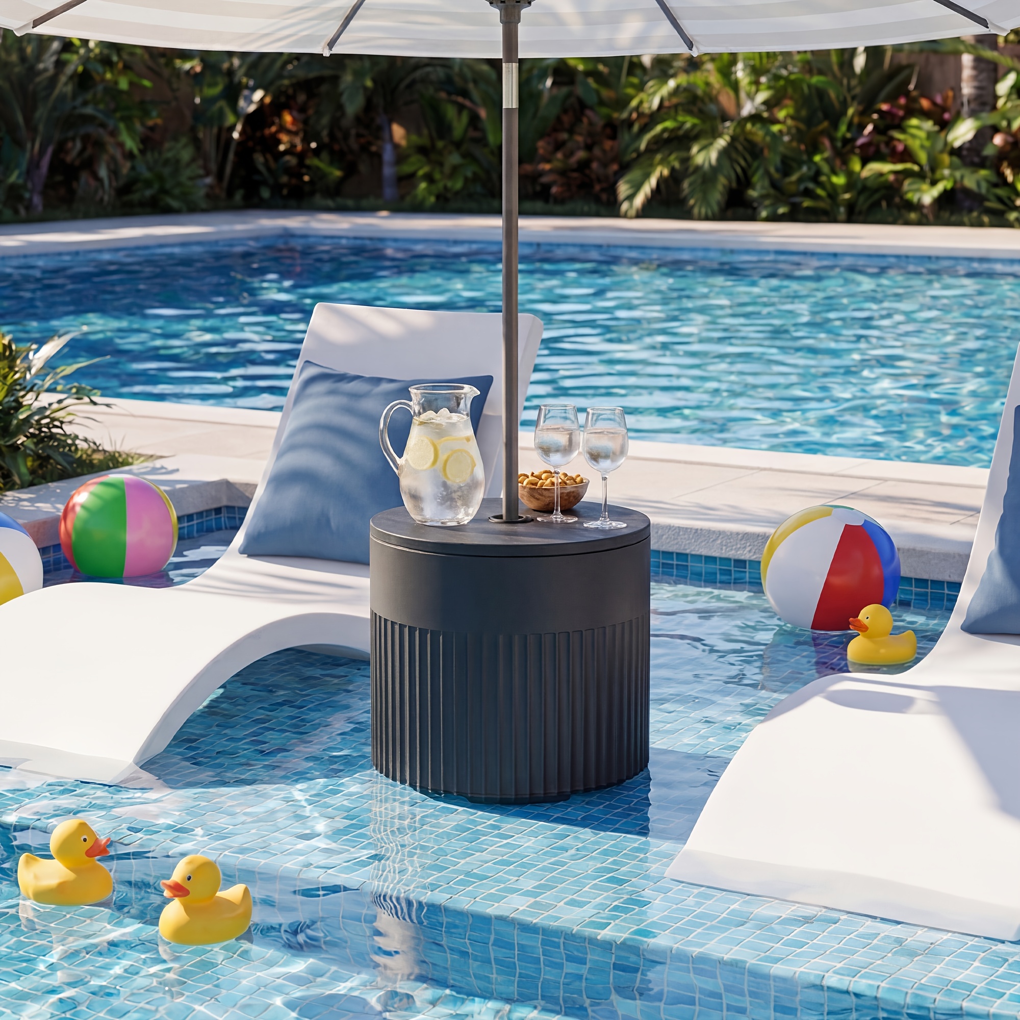 14.6in Patio Umbrella Base Side Table, Black Outdoor Umbrella Stand with Tabletop - 2-in-1 Heavy Duty Umbrella Holder And Accent Table for Garden, Deck, Poolside, Beach