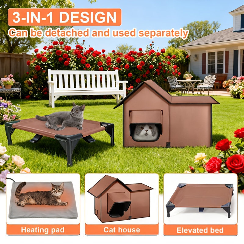 3 in 1 design heated cat house with pet heating pad elevated bed sturdy structure cat cave cat beds supplies for indoor cats safe outdoor cat shelter cat condo kitten supplies   gifts for men women kids girls cat stuff clearance 4
