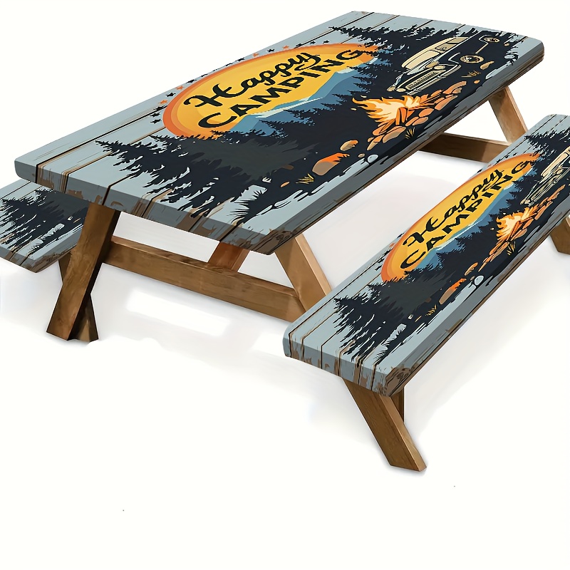 TEMU 3pièces Housse de Table Ajustée pour Camping avec Bords Élastiques, 72 Pouces, Polyester, Main Craft, Rectangulaire, avec Housse de Banc pour -