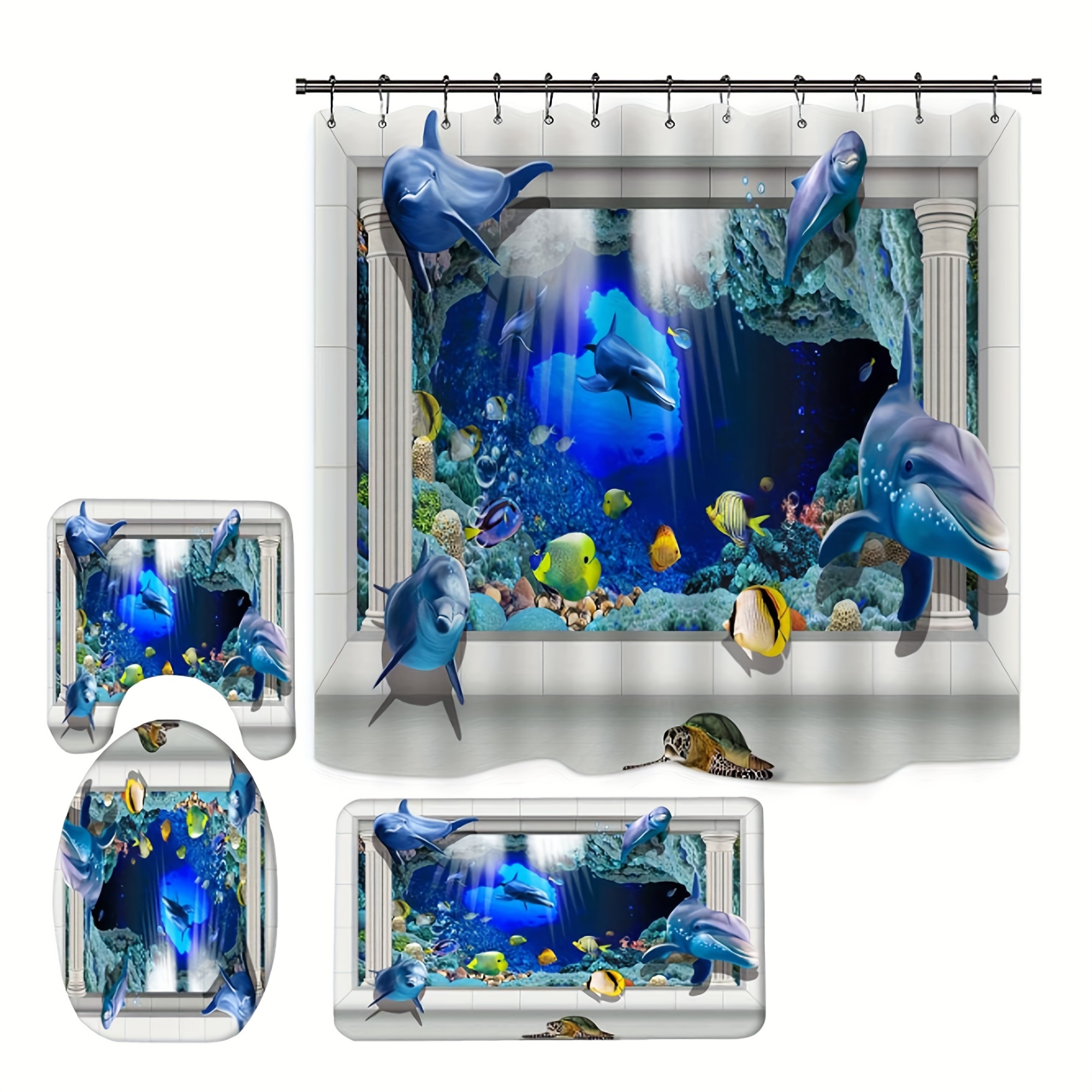 Sea Animal Shower Curtain Set Blue Ocean Fish Non slip Rug - Temu
