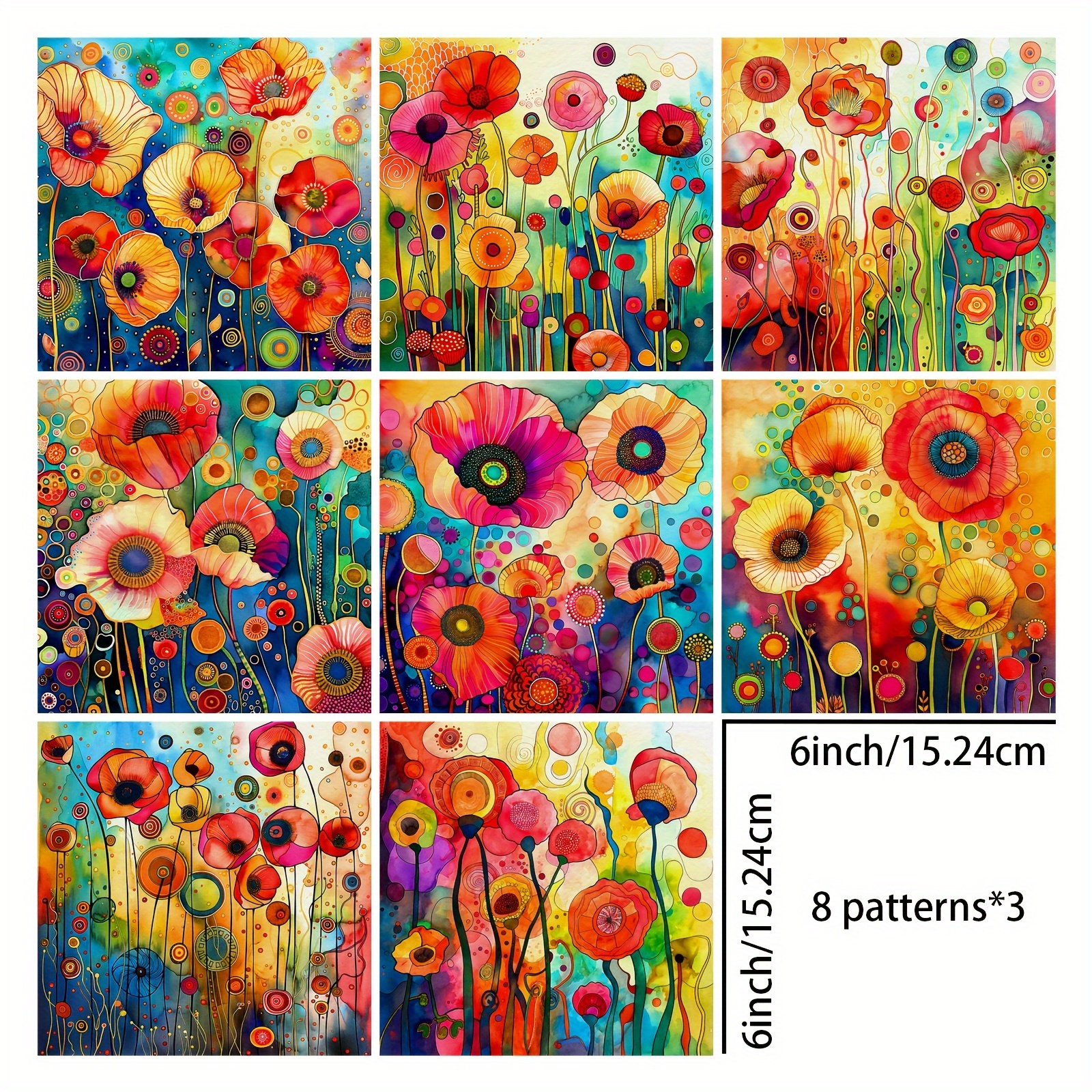 Image of 24pcs Vibrant Red Watercolor Floral Paper, 6-inch Decorative Backgrounds For Diy Scrapbooking, Retro Journals, Greeting Cards & Planners