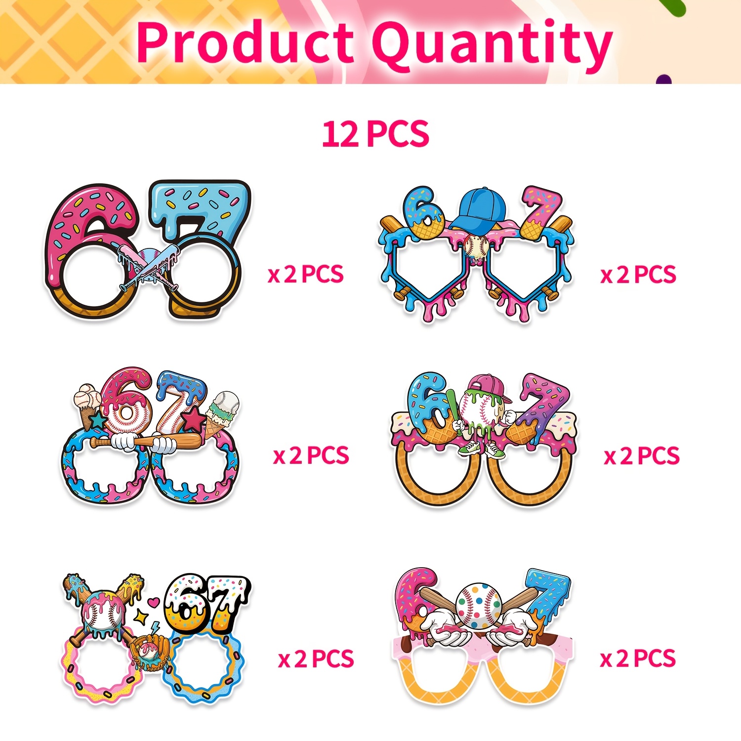 Image of 12pcs/24pcs Number 67 Baseball Ice Cream Drop Theme Party Photo Props Glasses Street Trendsetters Theme Mask Party Supplies Decoration
