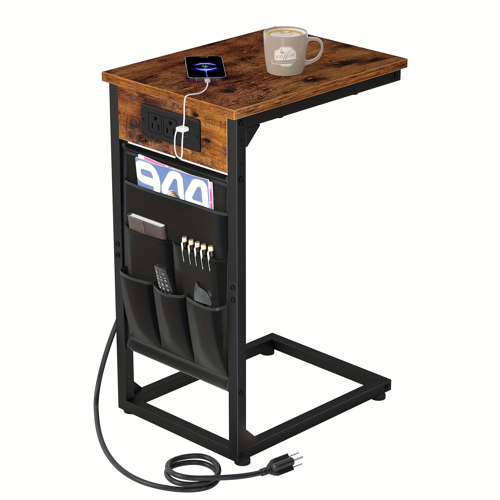 TEMU TZWAKED 1pc Table d'appoint de C, avec poche en tissu, port USB, rechargeable, table d'appoint moderne en bois dur pour canapé, cadre en métal,