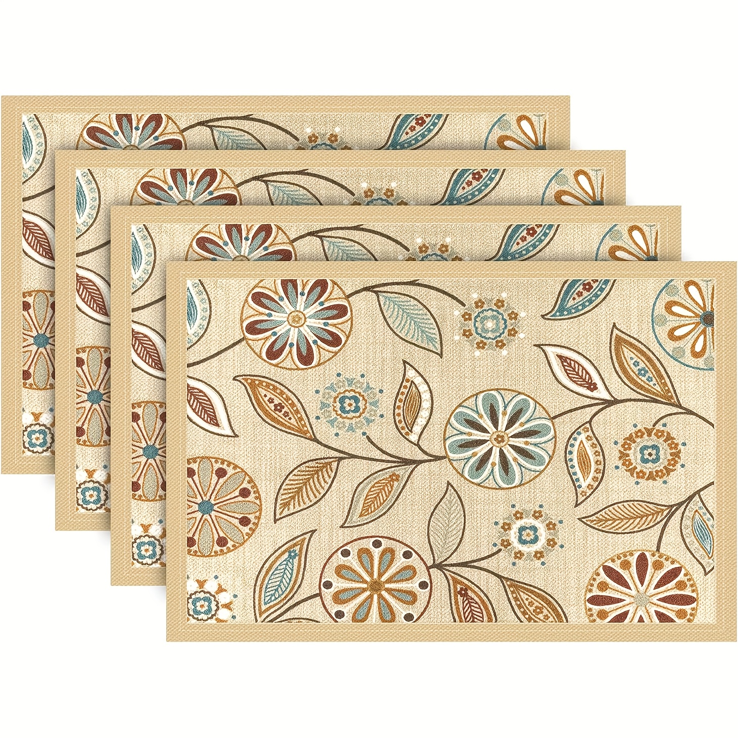 TEMU Set Of Placemats, Bohemian Vintage Khaki Floral Placemats, Suitable For Home Parties, Kitchen, Dining Room Gatherings, Indoor And Outdoor