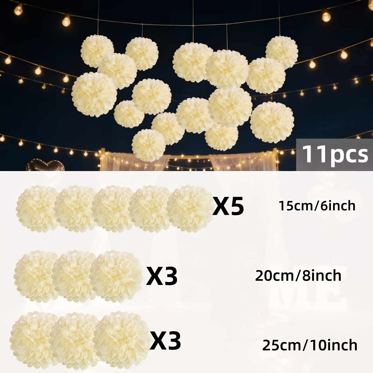 TEMU 11 Packs Beige Cream Paper Pom-poms | Paper Pom-poms For Party Decoration, Suitable For Weddings, Birthdays, Halloween, Christmas, Bachelorette