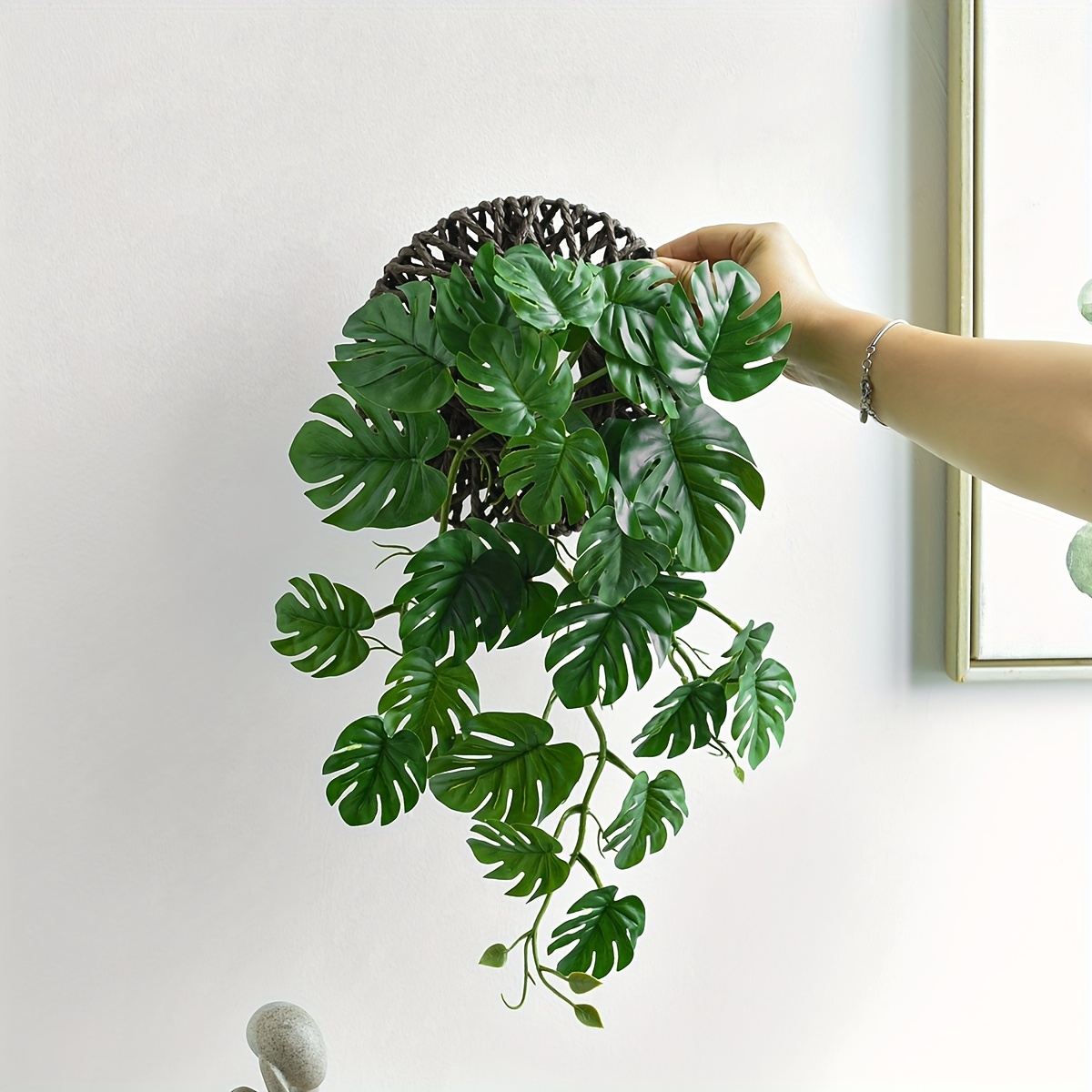Image of 1 Set Artificial Green Plant Decoration With 1pc Wicker Basket, Home Garden Decor, Faux Flowers Suitable For Outdoor Planter Wall Decoration, Wedding Party Decor