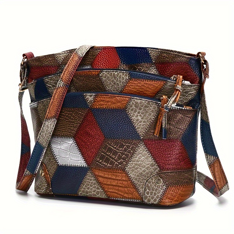 

Stylish Geometric Patchwork Women’s Shoulder Bag - Large Capacity, Adjustable Strap, Multiple Compartments, & Crocodile Texture, Colors (brown, Blue, Orange, Gray, Black)