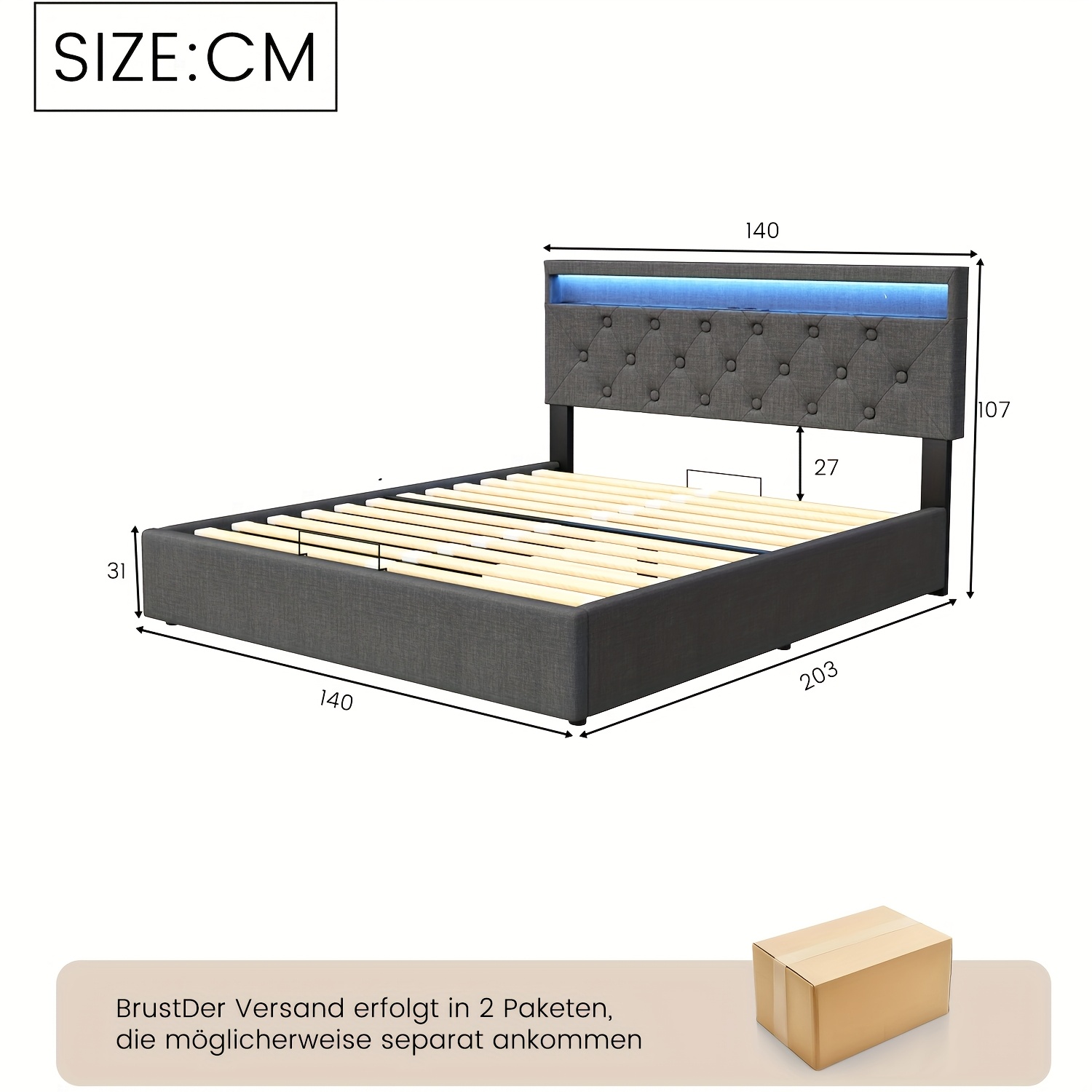 E-shop Hochverstellbarer Ottoman-Stauraum-Bettgestell mit LED-Kopfteil, 140x200cm Doppelbettgestell, Polsterbettrahmen mit Gasdruckfeder-Stauraum, für
