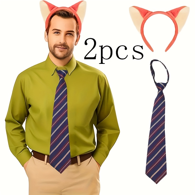 A Set Of 2 Adult Fox Costume Additions, Including Ear Headband And A Navy Blue Striped Tie, Suitable For Anime Cosplay, Party Outfits, Themed Events, Christmas Costumes, And Masquerade Additions
