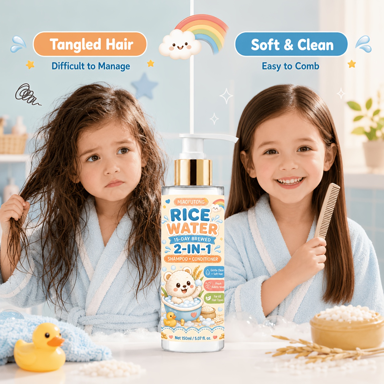150ml Shampoo - Natural Rice Extract, -. 2-in-1 Hair Care, Detangles & Prevents . Strengthens & Smoothens Hair. For Baby's Scalp, Friendly
