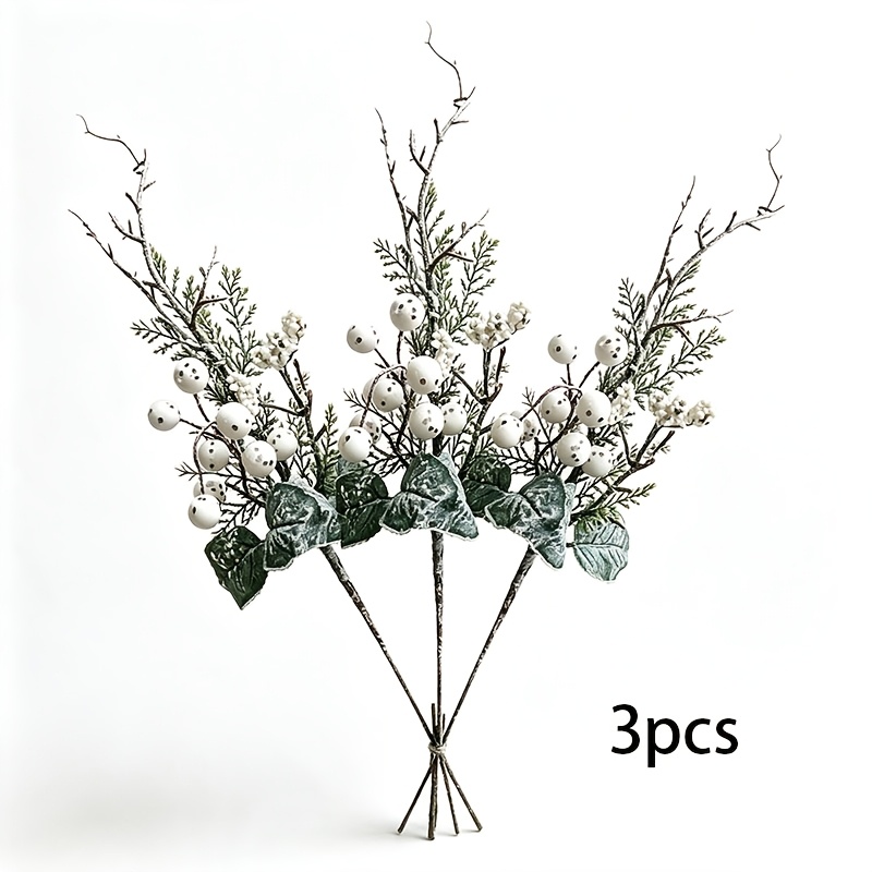TEMU 3pcs Set Of Christmas Decorative Artificial Flowers, 39cm Long, Featuring , White Berries, Pine Needles, And Branches. Handcrafted Floral Stems,