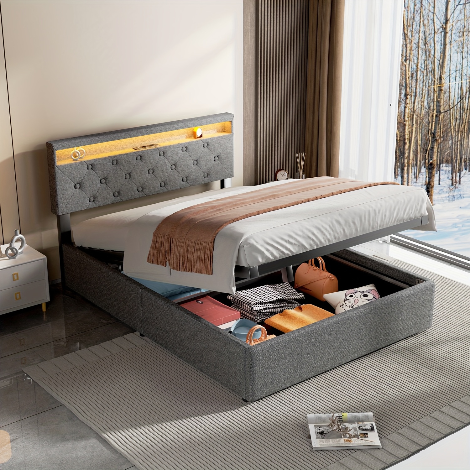 TEMU 1pc Oyajia -up Storage Bed Frame Led, Contemporary Upholstered Headboard, Usb & -c Charging , Metal & Hardwood Bed, Needed, , -free