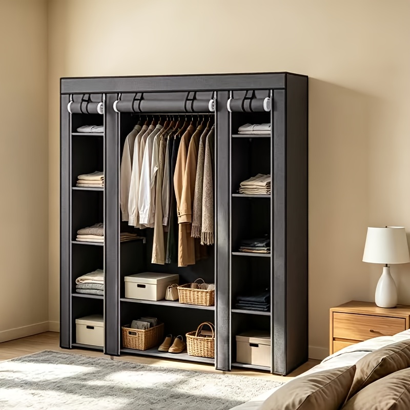 Freestanding Foldable Fabric Wardrobe, 69*59*17.7in, Black/grey - Portable Closet Organizer With Hanging Rod & Shelves, Portable Closets