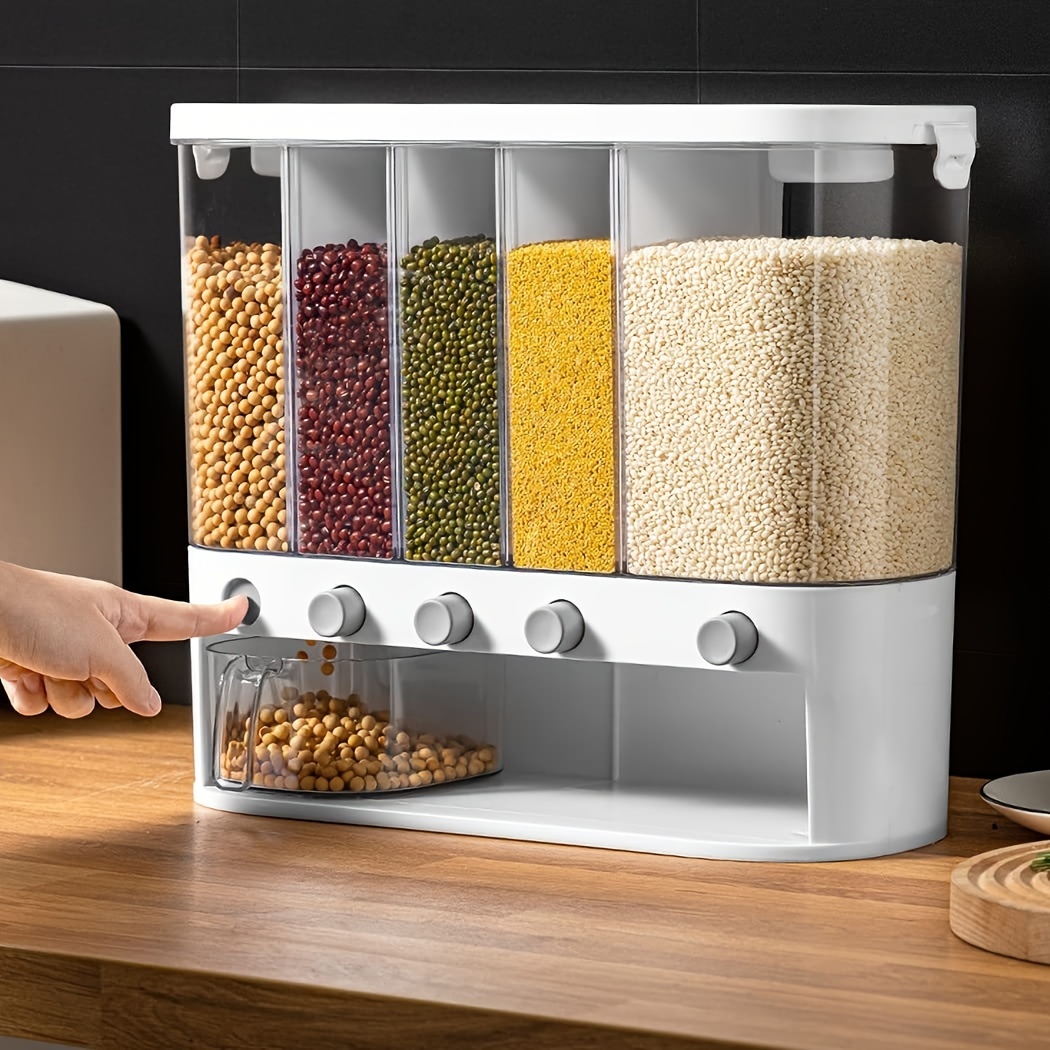 

Lekesky Dry Food Dispenser, Wall Mounted 5 Bead Dispenser, Rice Dispenser 25 Kitchen Storage With Measuring Cup, Suitable For Rice, Beans, Laundry Beads