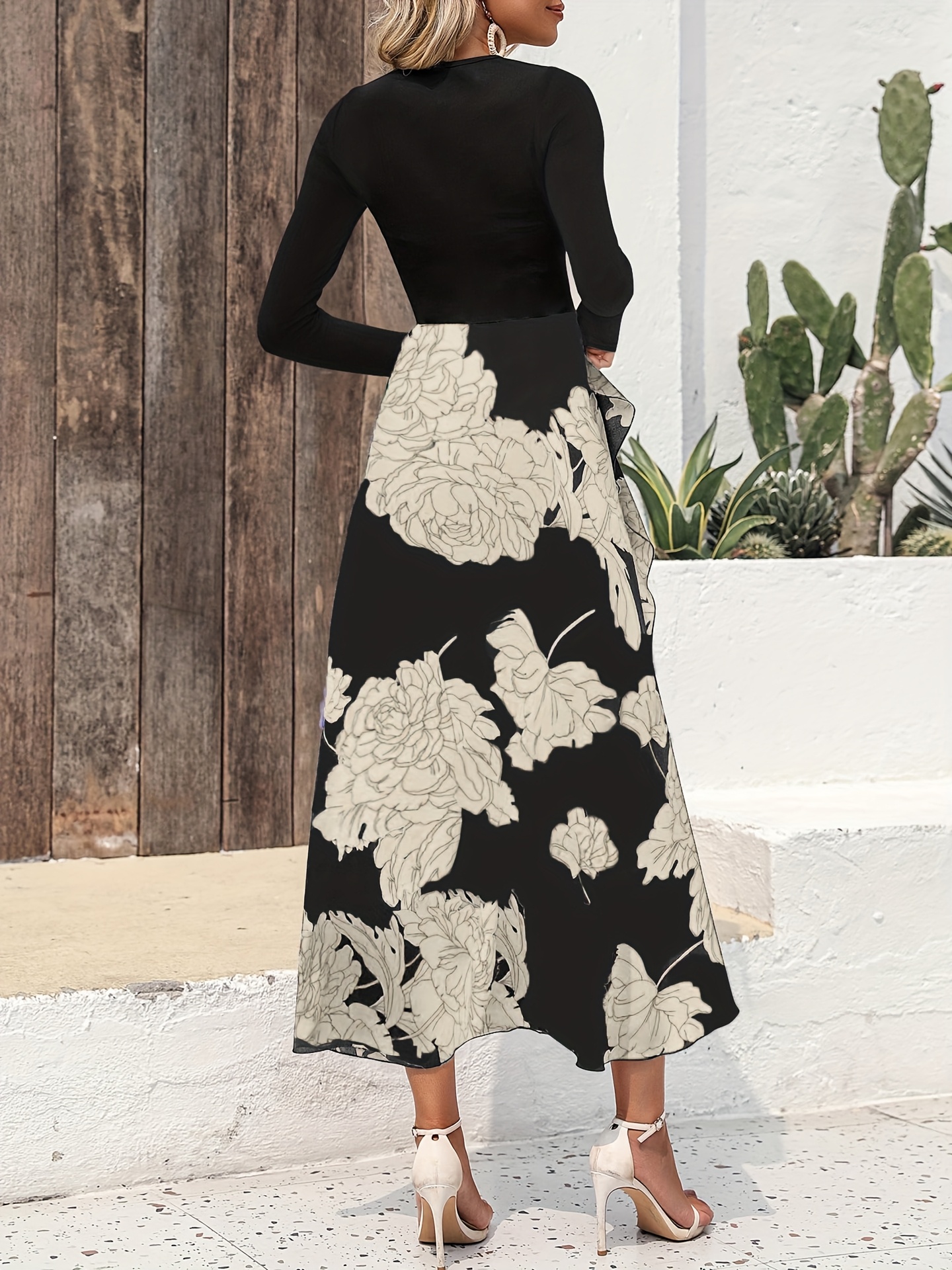 Women'S Elegant Floral maxi dress - Long Sleeve A-Line Formal & casual party gown, Black & Floral Print, for Weddings, Cocktail Events, Everyday Outfits - ZD0529107, Dresses for Wedding Guest, Wedding Guest Attire, Round Neckline, Flowy Skirt Style, Evening Wear, Lightweight Fabric, Bridal Guest Outfit