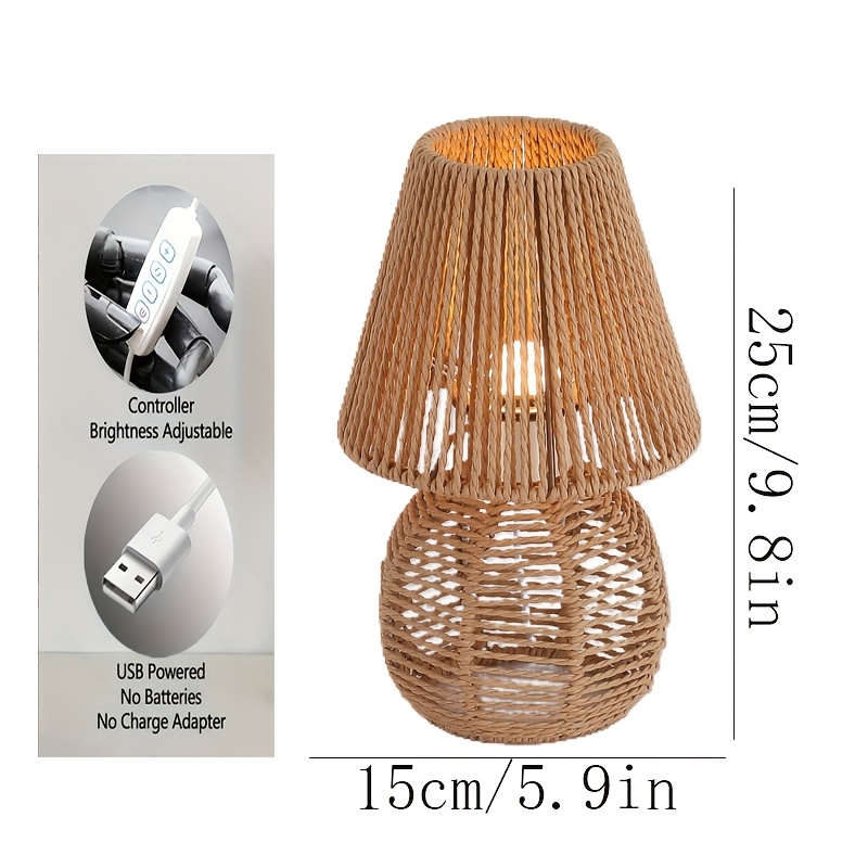 Creative Handmade Paper Rope Small Table Lamp, Modern Bedside Nightstand Lamp, Bedroom Living Room Small Table Lamp, Side Table Paper Rope Aesthetic Vintage Lamp with Three-Color Temperature Settings