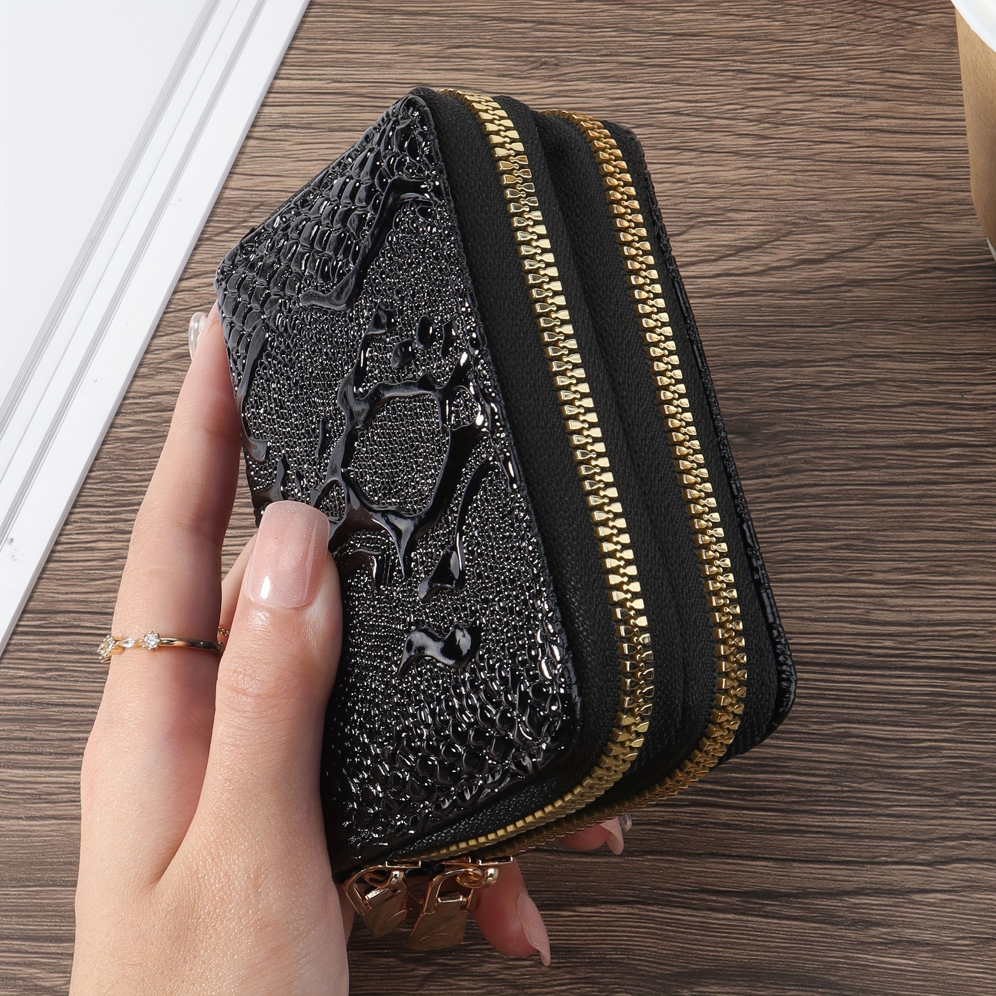 TEMU Dual Compartment Credit Card Holder Small Card Case For Women Or Men Accordion Wallet With Zipper, With Zipper Pocket, Embossed Pattern