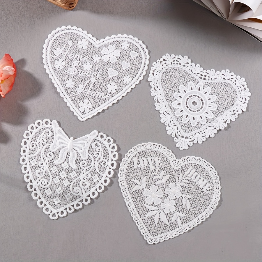 TEMU 4pcs Hand-crochet Heart Lace Coasters - Vintage Style, Polyester, Intricate Designs , , And , Housewarming, Bachelor Party, Wedding, Birthday, Retirement Party, Hand Wash Only, Lace