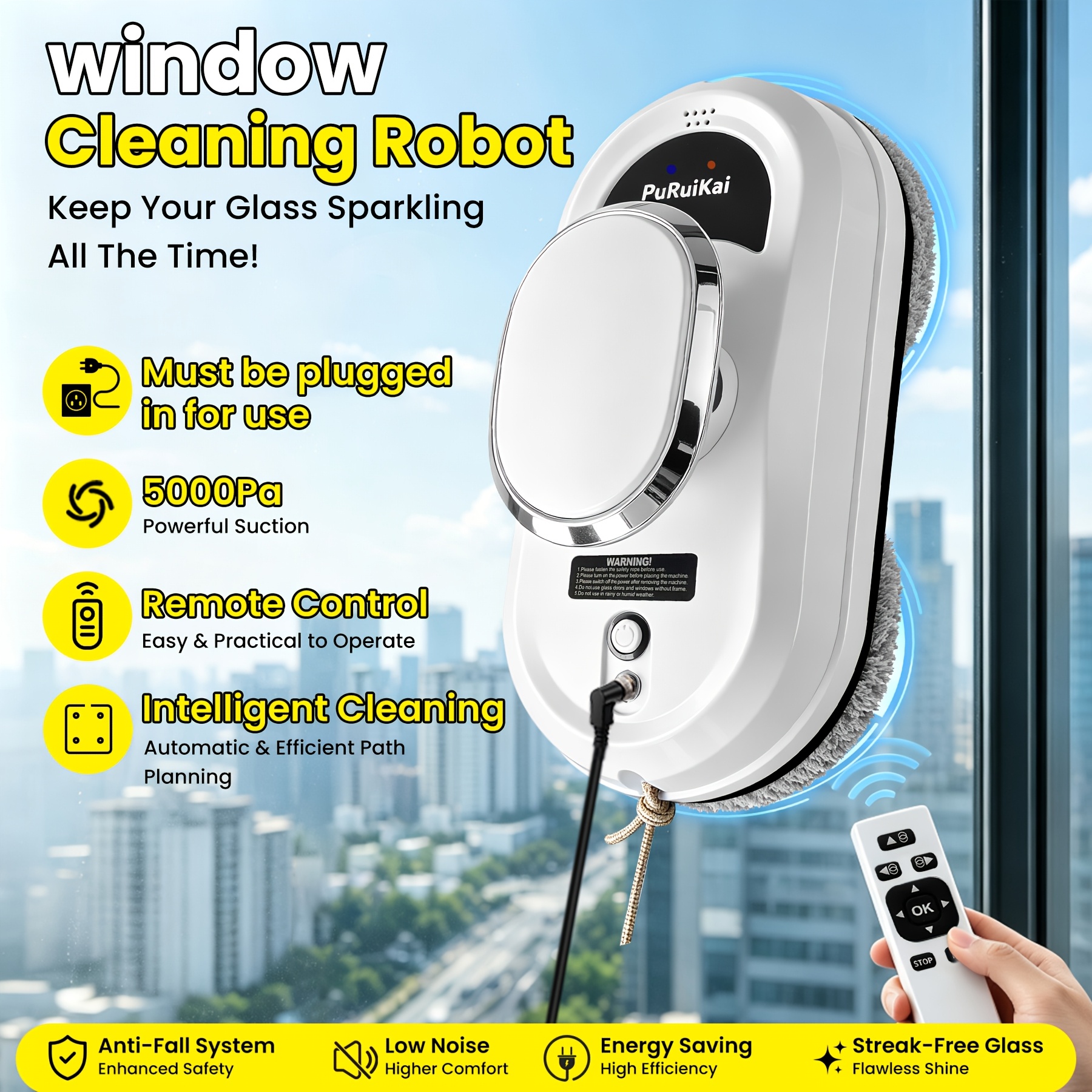 Image of [2026 New Plug 5000pa] Purikai 01 Cleaning Robot | Remote Control Automatic Path Planning || Anti-fall Backup Battery | Household Window Cleaning Eu Plug | Local Delivery